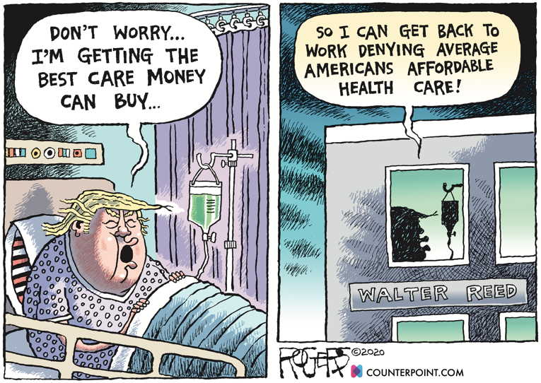 Political/Editorial Cartoon by Rob Rogers on Trump Airlifted to Walter Reed