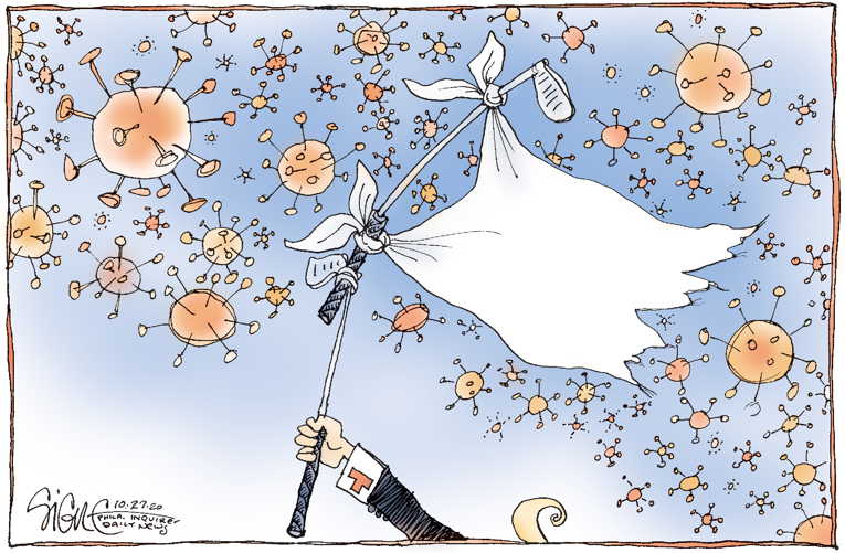 Political/Editorial Cartoon by Signe Wilkinson, Philadelphia Daily News on Hospitalizations and Deaths Surge