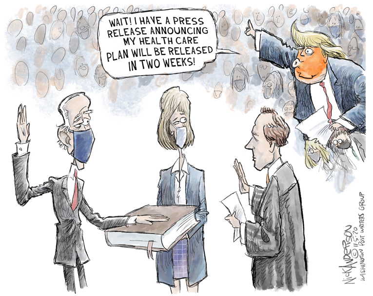 Political/Editorial Cartoon by Nick Anderson, Houston Chronicle on Trump Claims Victory