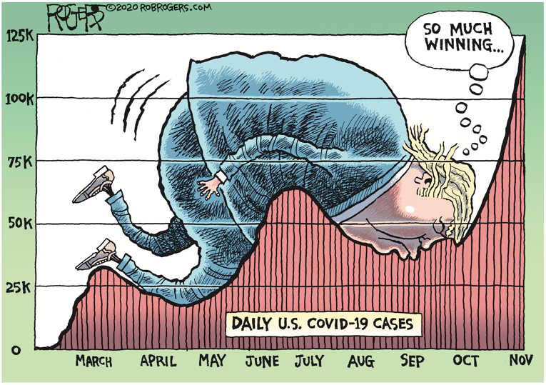 Political/Editorial Cartoon by Rob Rogers on Covid Cases/Deaths Soar