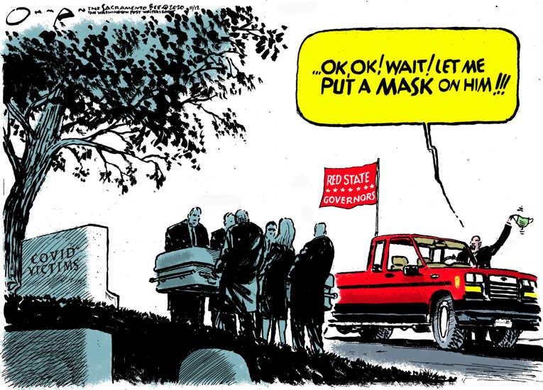 Political/Editorial Cartoon by Jack Ohman, The Oregonian on Covid Cases/Deaths Soar