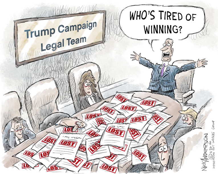 Political/Editorial Cartoon by Nick Anderson, Houston Chronicle on Trump Claims “Massive Dumps”