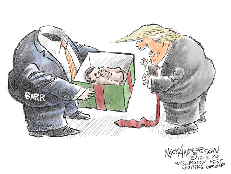 Political/Editorial Cartoon by Nick Anderson, Houston Chronicle on Barr Resigns