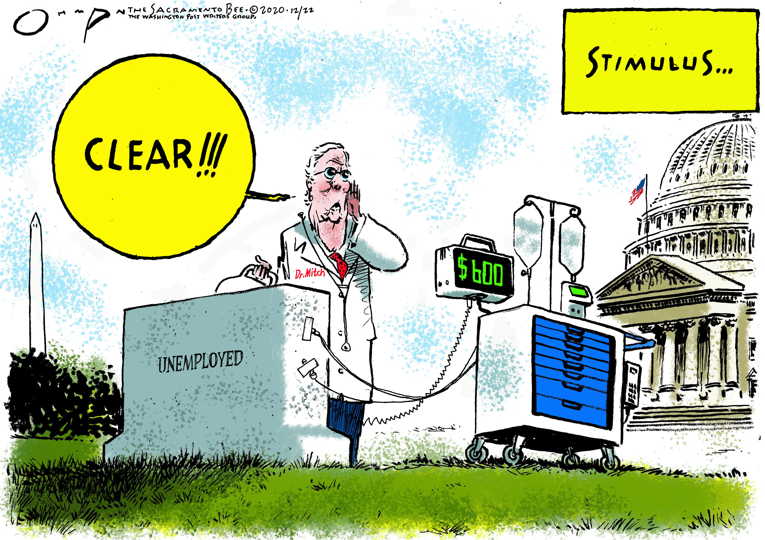 Political/Editorial Cartoon by Jack Ohman, The Oregonian on Stimulus Deal Reached