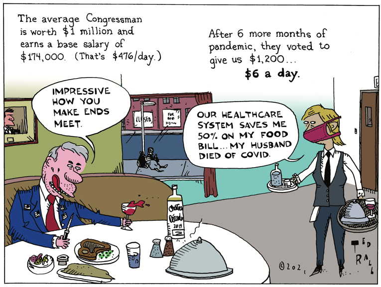 Political/Editorial Cartoon by Ted Rall on Covid Checks Arrive