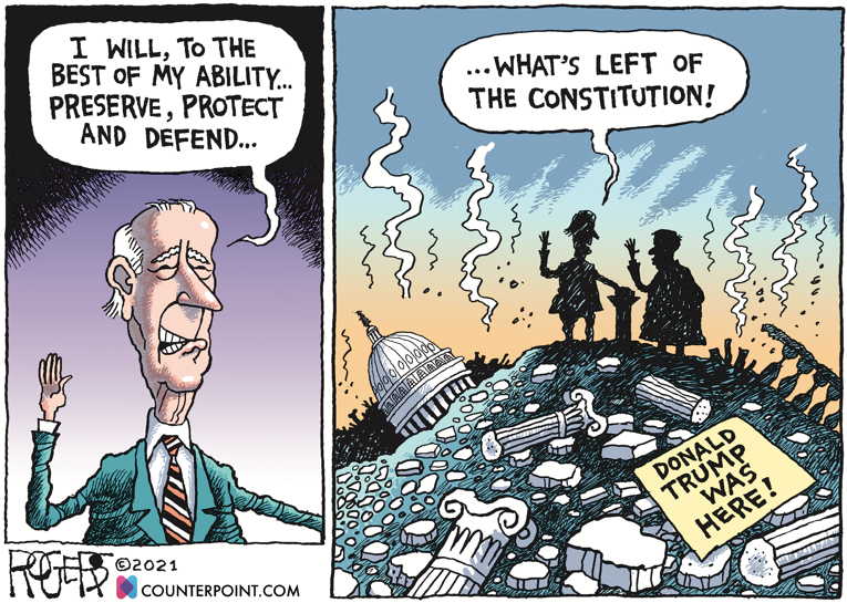 Political/Editorial Cartoon by Rob Rogers on Biden Inaugurated