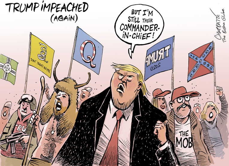 Political/Editorial Cartoon by Patrick Chappatte, International Herald Tribune on Trump Impeached Again