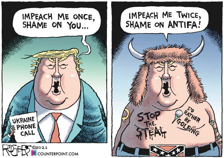 Political/Editorial Cartoon by Rob Rogers on Trump Impeached Again