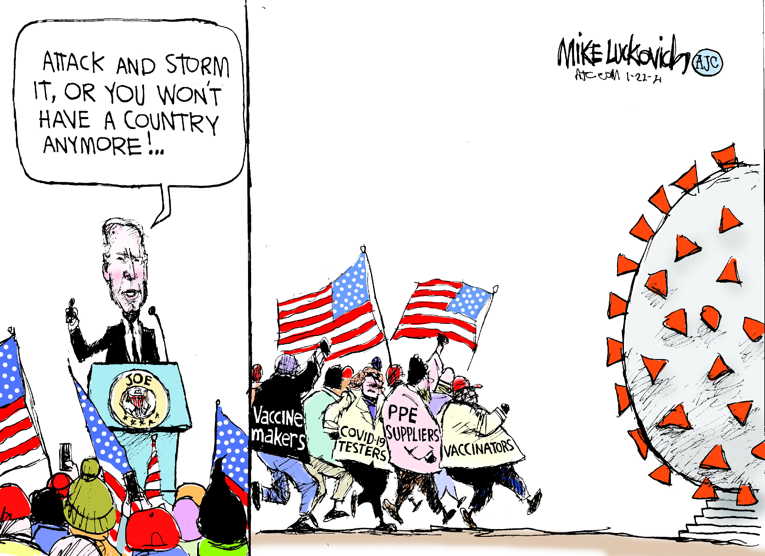 Political/Editorial Cartoon by Mike Luckovich, Atlanta Journal-Constitution on Biden to Escalate War