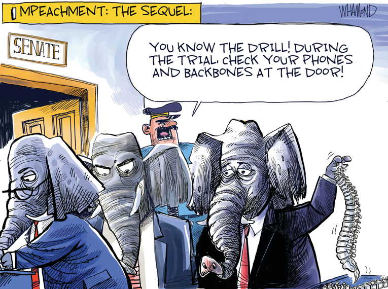 Political/Editorial Cartoon by Dave Whamond, Canada, PoliticalCartoons.com on Impeachment Trial Begins