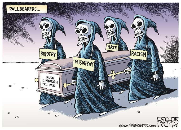 Political/Editorial Cartoon by Rob Rogers on Rush Limbaugh Finally Dies