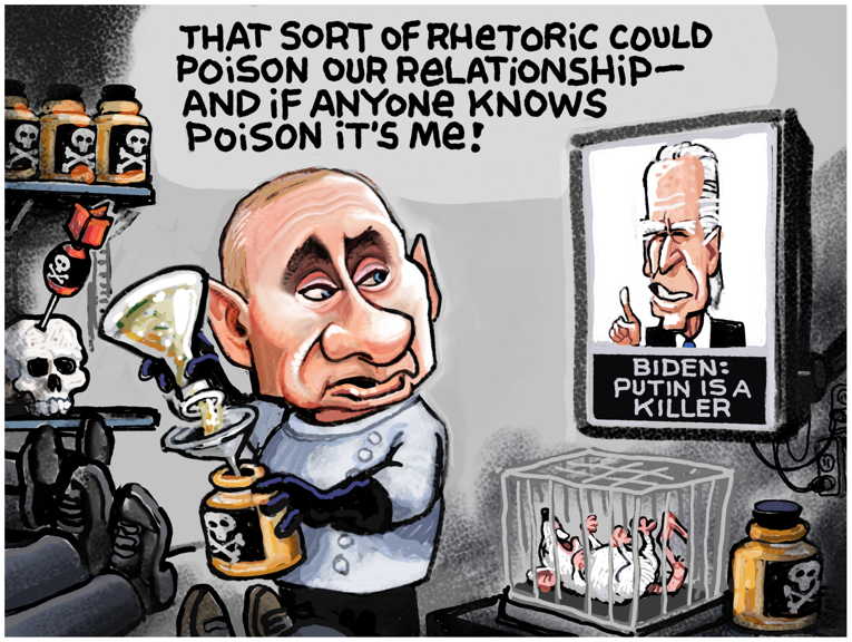 Political/Editorial Cartoon by Steve Sack, Minneapolis Star Tribune on Biden Calls Out Putin