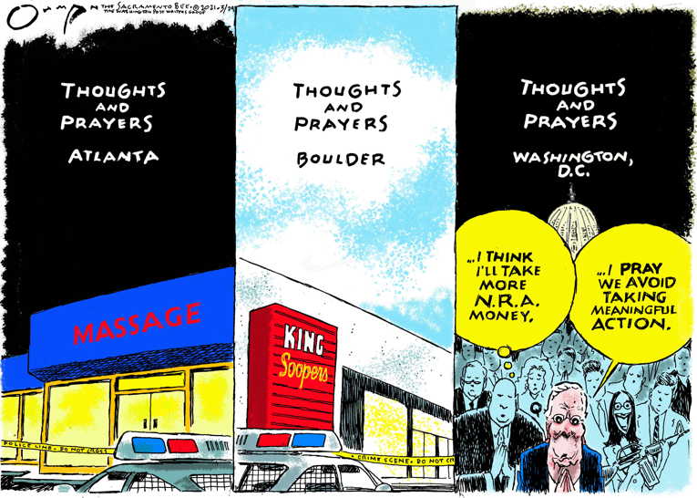 Political/Editorial Cartoon by Jack Ohman, The Oregonian on Mass Killings Resume