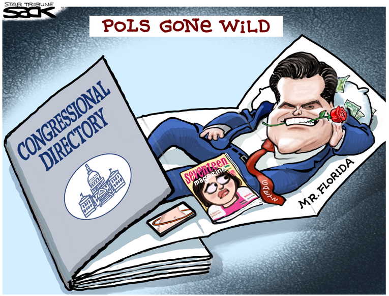 Political/Editorial Cartoon by Steve Sack, Minneapolis Star Tribune on Gaetz Exposed as Pervert