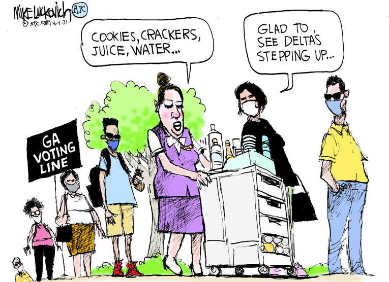 Political/Editorial Cartoon by Mike Luckovich, Atlanta Journal-Constitution on Corporations Protest Voting Laws