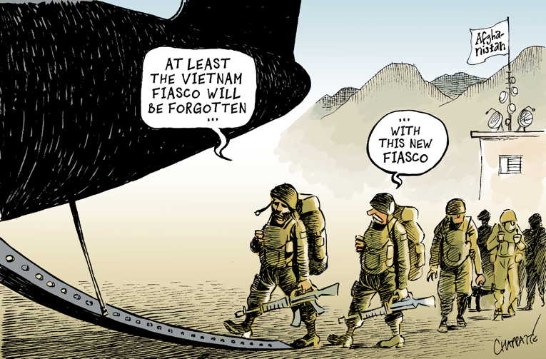 Political/Editorial Cartoon by Patrick Chappatte, International Herald Tribune on U.S to Leave Afghanistan
