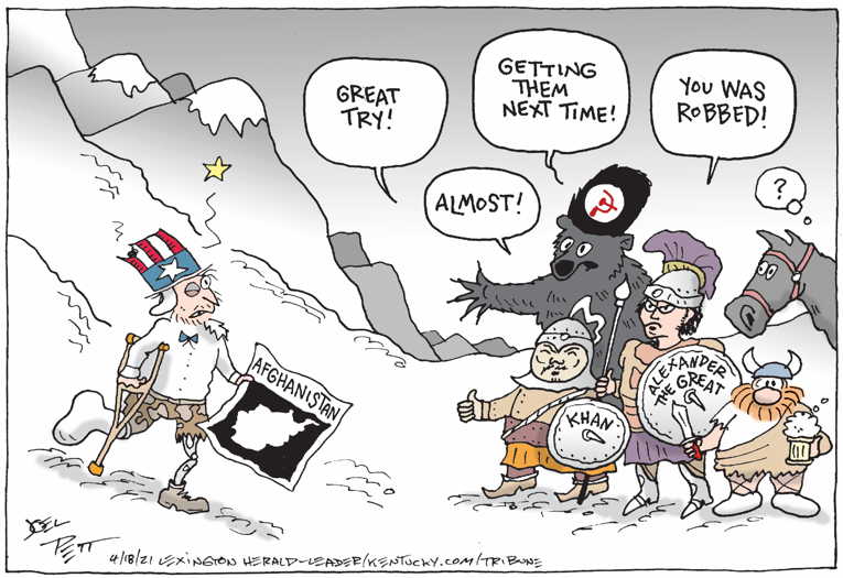Political/Editorial Cartoon by Joel Pett, Lexington Herald-Leader, CWS/CartoonArts Intl. on U.S to Leave Afghanistan