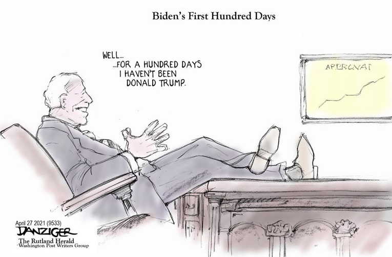 Political/Editorial Cartoon by Jeff Danziger, CWS/CartoonArts Intl. on Biden Celebrates 100 Days