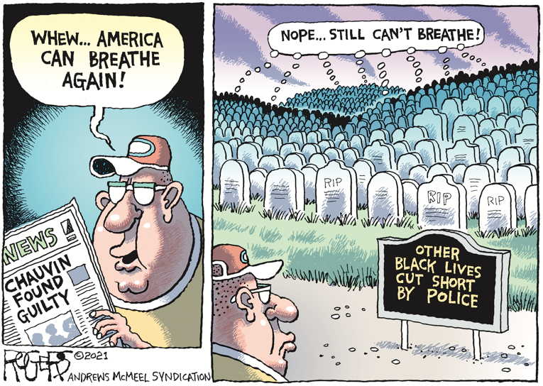 Political/Editorial Cartoon by Rob Rogers on Americans Relieved by Verdict