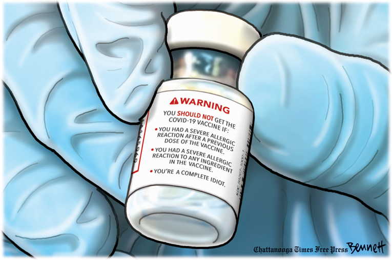 Political/Editorial Cartoon by Clay Bennett, Chattanooga Times Free Press on Vaccination Push Slows