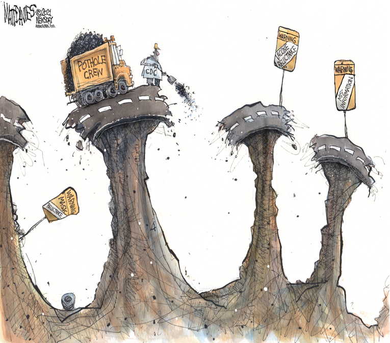 Political/Editorial Cartoon by Matt Davies, Journal News on Infrastructure Bill Stalls