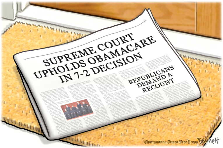 Political/Editorial Cartoon by Clay Bennett, Chattanooga Times Free Press on Obamacare Upheld (Again)