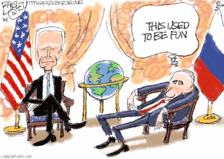 Political/Editorial Cartoon by Pat Bagley, Salt Lake Tribune on Biden and Putin Meet