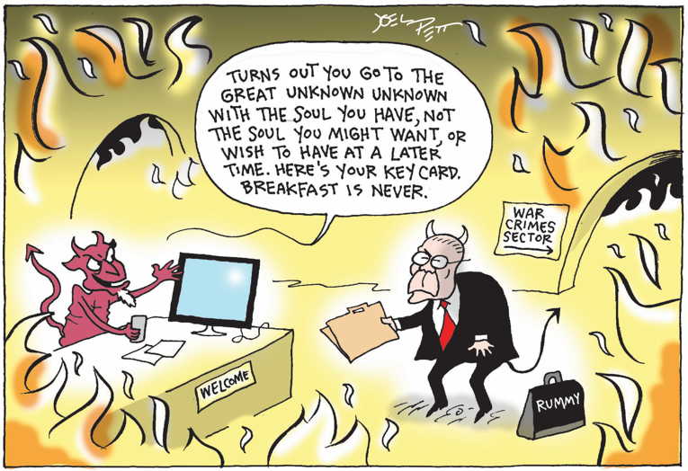 Political/Editorial Cartoon by Joel Pett, Lexington Herald-Leader, CWS/CartoonArts Intl. on War Criminal Dies