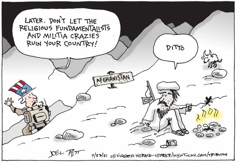 Political/Editorial Cartoon by Joel Pett, Lexington Herald-Leader, CWS/CartoonArts Intl. on Afghan Withdrawal Almost Complete