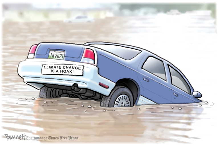 Political/Editorial Cartoon by Clay Bennett, Chattanooga Times Free Press on 21 Dead in Tennessee Flood