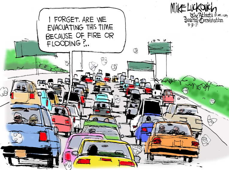 Political/Editorial Cartoon by Mike Luckovich, Atlanta Journal-Constitution on Hurricanes, Wildfires Ravage Nation