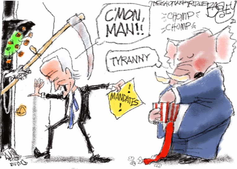 Political/Editorial Cartoon by Pat Bagley, Salt Lake Tribune on GOP Objects to Vax Mandate