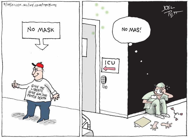 Political/Editorial Cartoon by Joel Pett, Lexington Herald-Leader, CWS/CartoonArts Intl. on Covid Cases & Deaths Rise