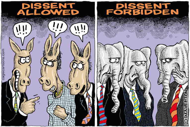 Political/Editorial Cartoon by Monte Wolverton, Cagle Cartoons on Party Battles Escalate