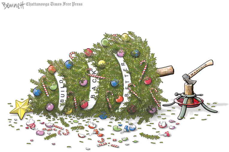 Political/Editorial Cartoon by Clay Bennett, Chattanooga Times Free Press on Build Back Better Beaten Back