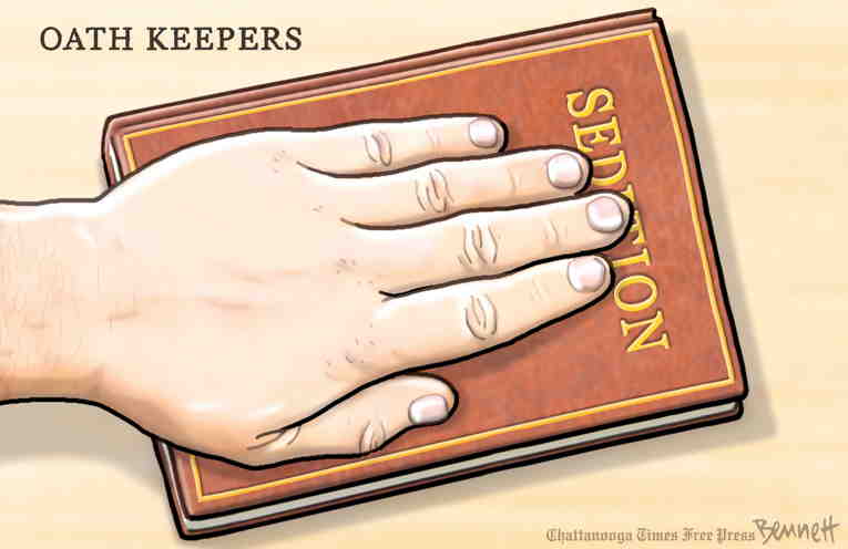 Political/Editorial Cartoon by Clay Bennett, Chattanooga Times Free Press on Oath Keeper Founder Indicted