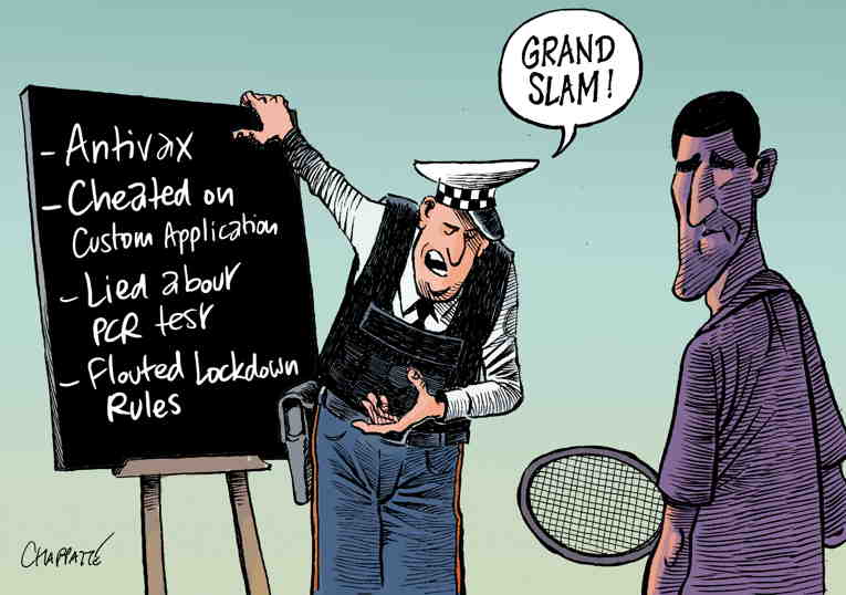 Political/Editorial Cartoon by Patrick Chappatte, International Herald Tribune on Tennis Champion Expelled