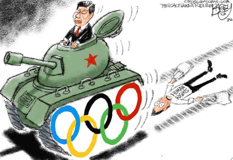 Political/Editorial Cartoon by Pat Bagley, Salt Lake Tribune on Olympics Mired in Controversies