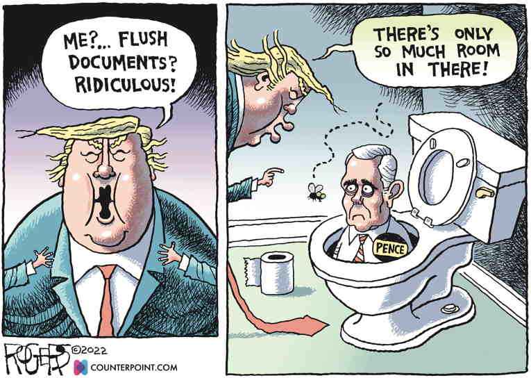 Political/Editorial Cartoon by Rob Rogers on Trump Flushed Documents