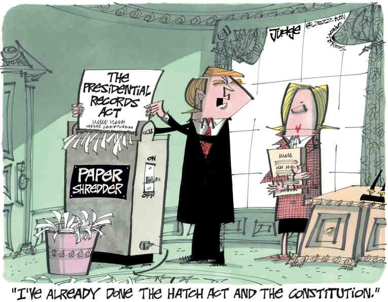 Political/Editorial Cartoon by Lee Judge, King Features on Trump Flushed Documents