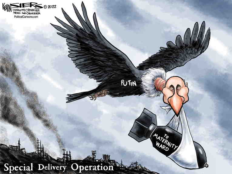 Political/Editorial Cartoon by Kevin Siers, Charlotte Observer on Russian Bombing Targets Civilians