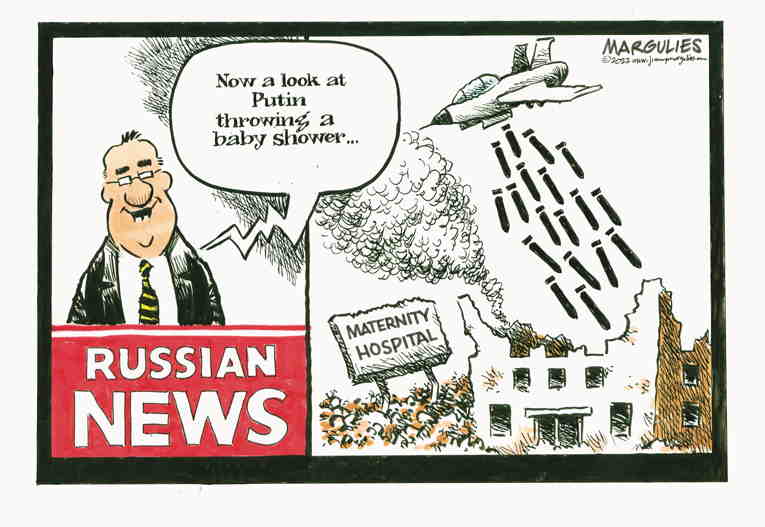 Political/Editorial Cartoon by Jimmy Margulies, King Features on Russian Bombing Targets Civilians