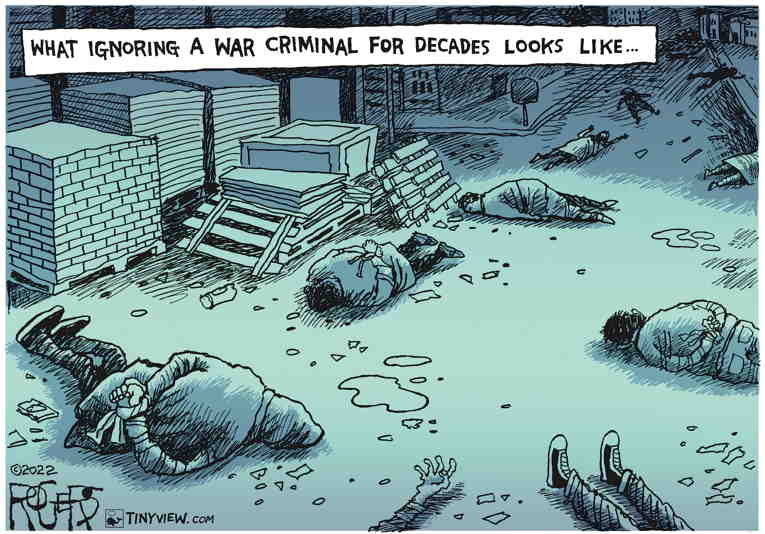 Political/Editorial Cartoon by Rob Rogers on War Crimes Shock Planet