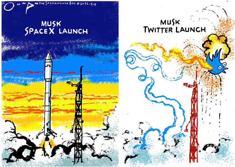 Political/Editorial Cartoon by Jack Ohman, The Oregonian on Musk Makes Offer for Twitter