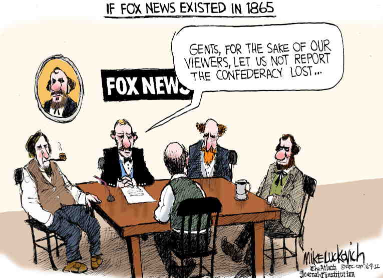 Political/Editorial Cartoon by Mike Luckovich, Atlanta Journal-Constitution on Fox “News” Ends All Pretense