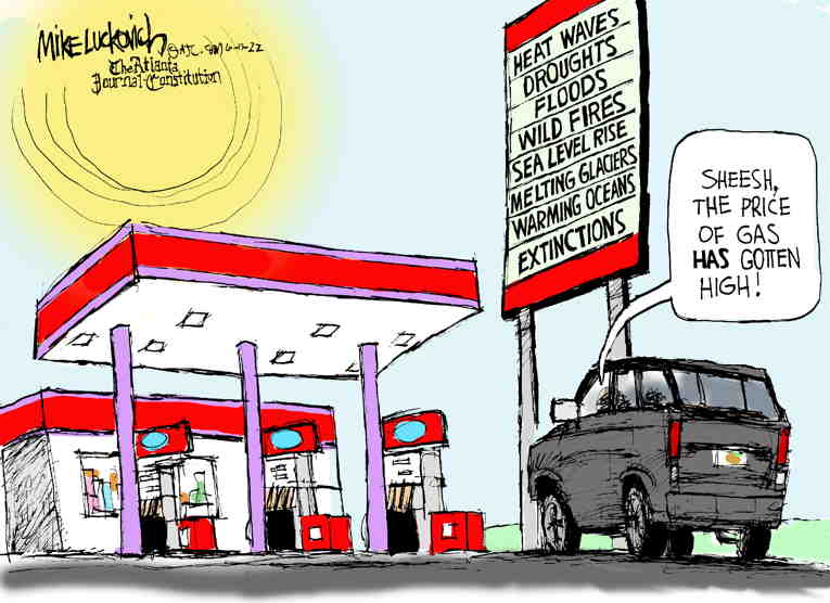 Political/Editorial Cartoon by Mike Luckovich, Atlanta Journal-Constitution on Earth Soon to Be Uninhabitable