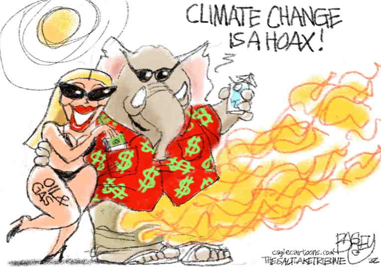 Political/Editorial Cartoon by Pat Bagley, Salt Lake Tribune on Record Heat Melting the Planet