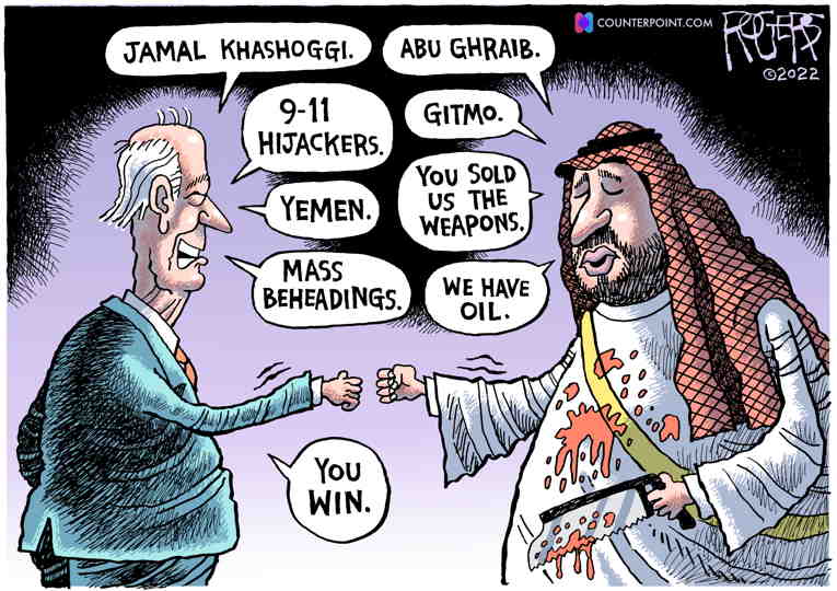 Political/Editorial Cartoon by Rob Rogers on Biden Bows to Saudi Prince