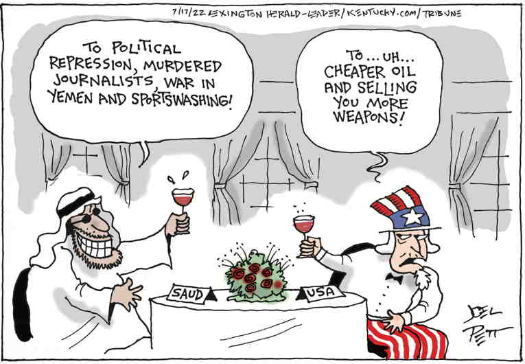 Political/Editorial Cartoon by Joel Pett, Lexington Herald-Leader, CWS/CartoonArts Intl. on Biden Bows to Saudi Prince