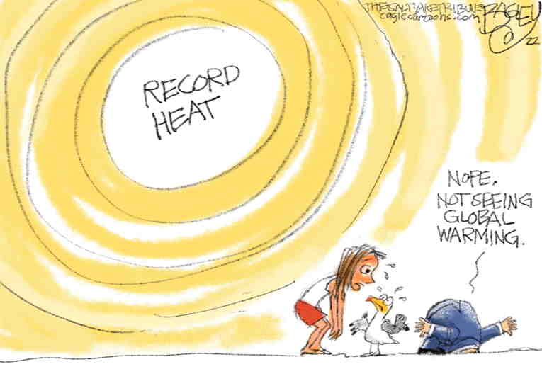 Political/Editorial Cartoon by Pat Bagley, Salt Lake Tribune on Record Heat Continues